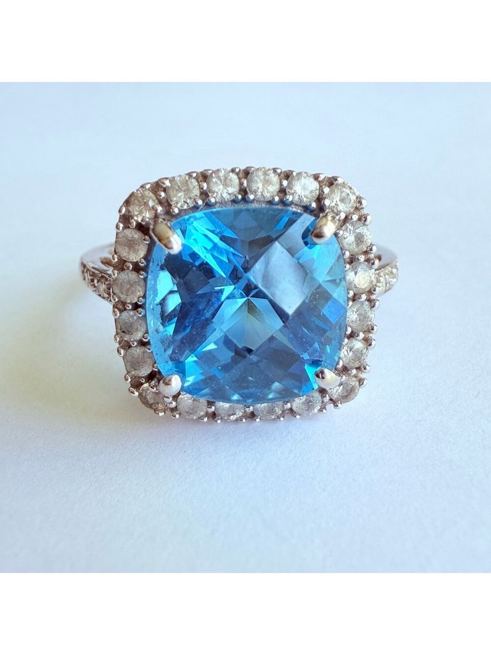 10K Solid White Gold Swiss Blue Topaz & Diamond Albion Cushion Shape Ring